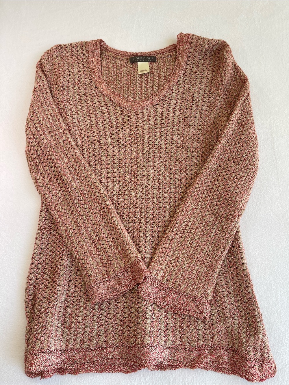 Sigrid Olsen Pink Marled Open Knit V Neck Sweater Size L